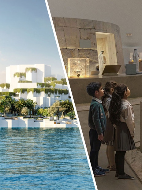 Aerial view of National History Museum Abu Dhabi exterior and children viewing exhibits inside.