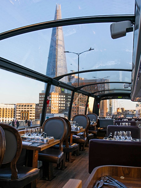 Bustronome dining experience with view of The Shard in London.