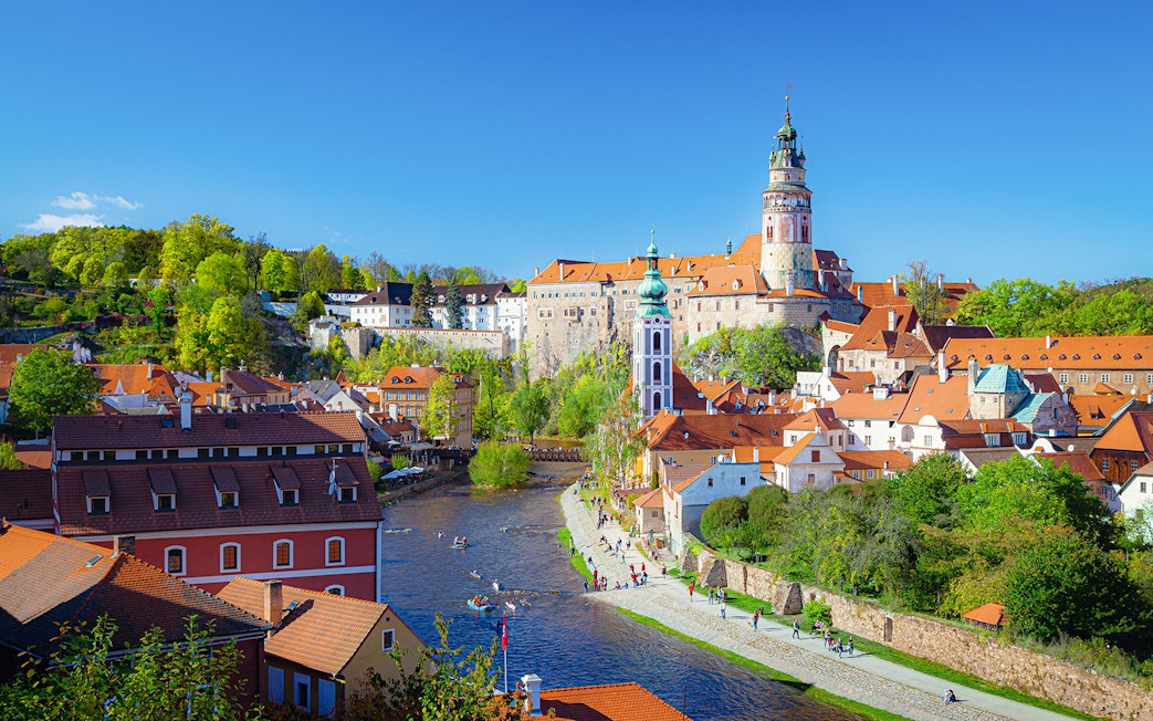 Cesky Krumlov aerial view with historic buildings and Vltava River, Czech Republic.
