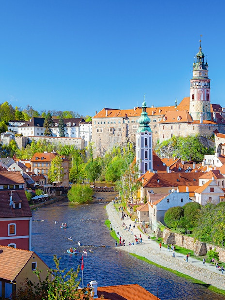 Cesky Krumlov aerial view with historic buildings and Vltava River, Czech Republic.