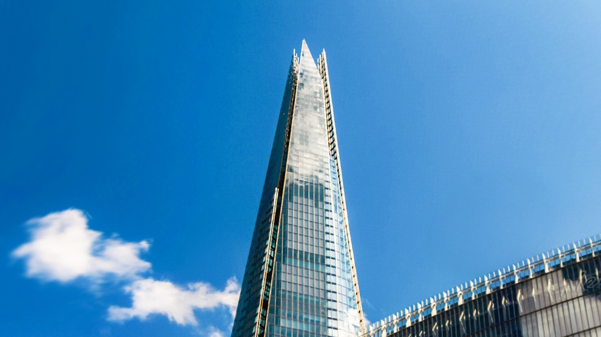 The Shard skyscraper in London with cityscape view.