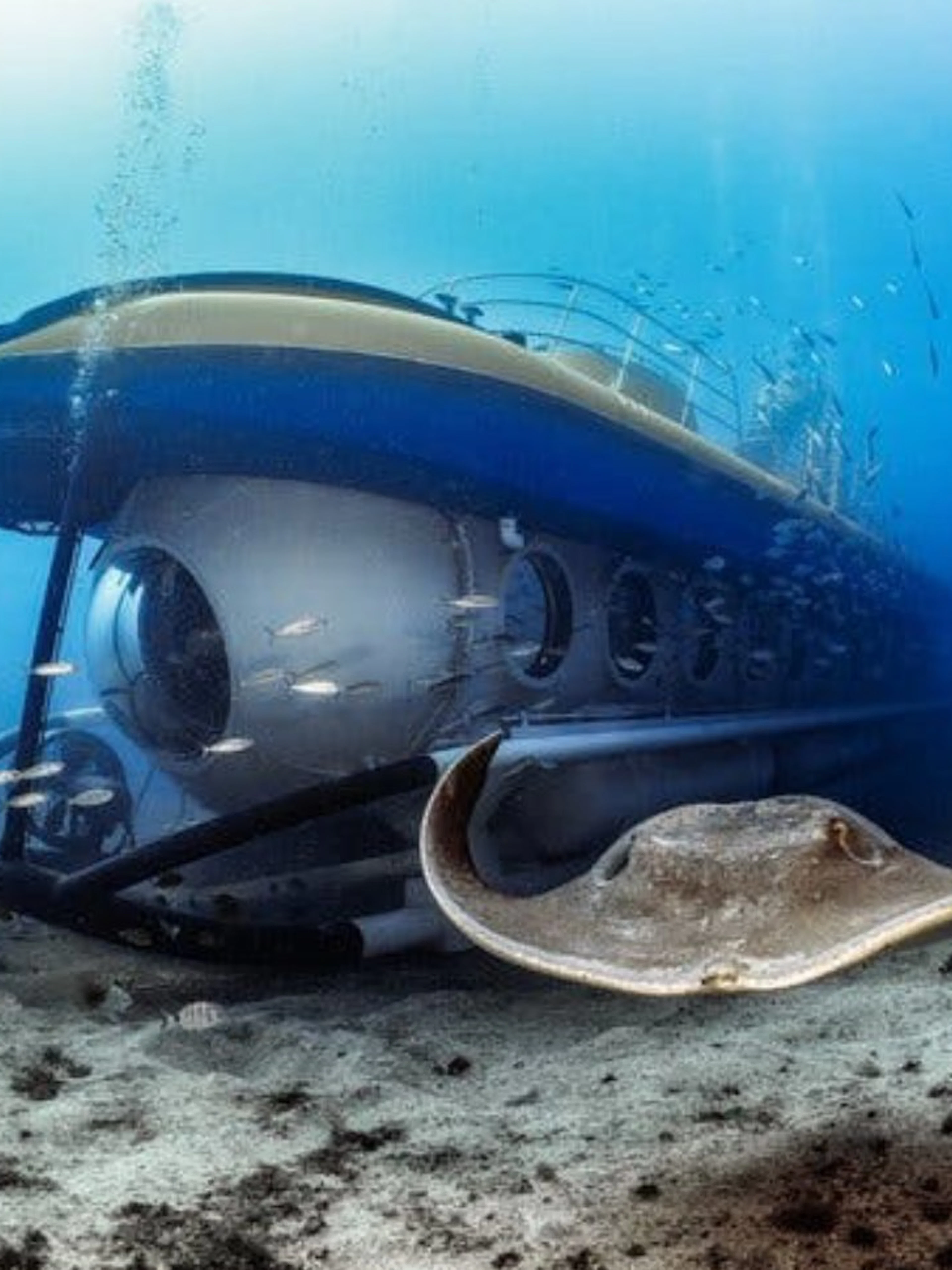 Submarine exploring ocean floor with stingray in Tenerife.