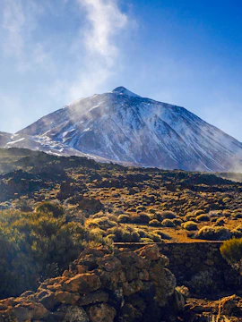Mount Teide with rocky terrain and sparse vegetation in Canarian Islands, Spain.