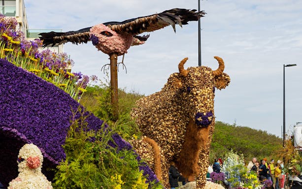 Bull and bird flower installations at a parade with vibrant purple and yellow floral displays.