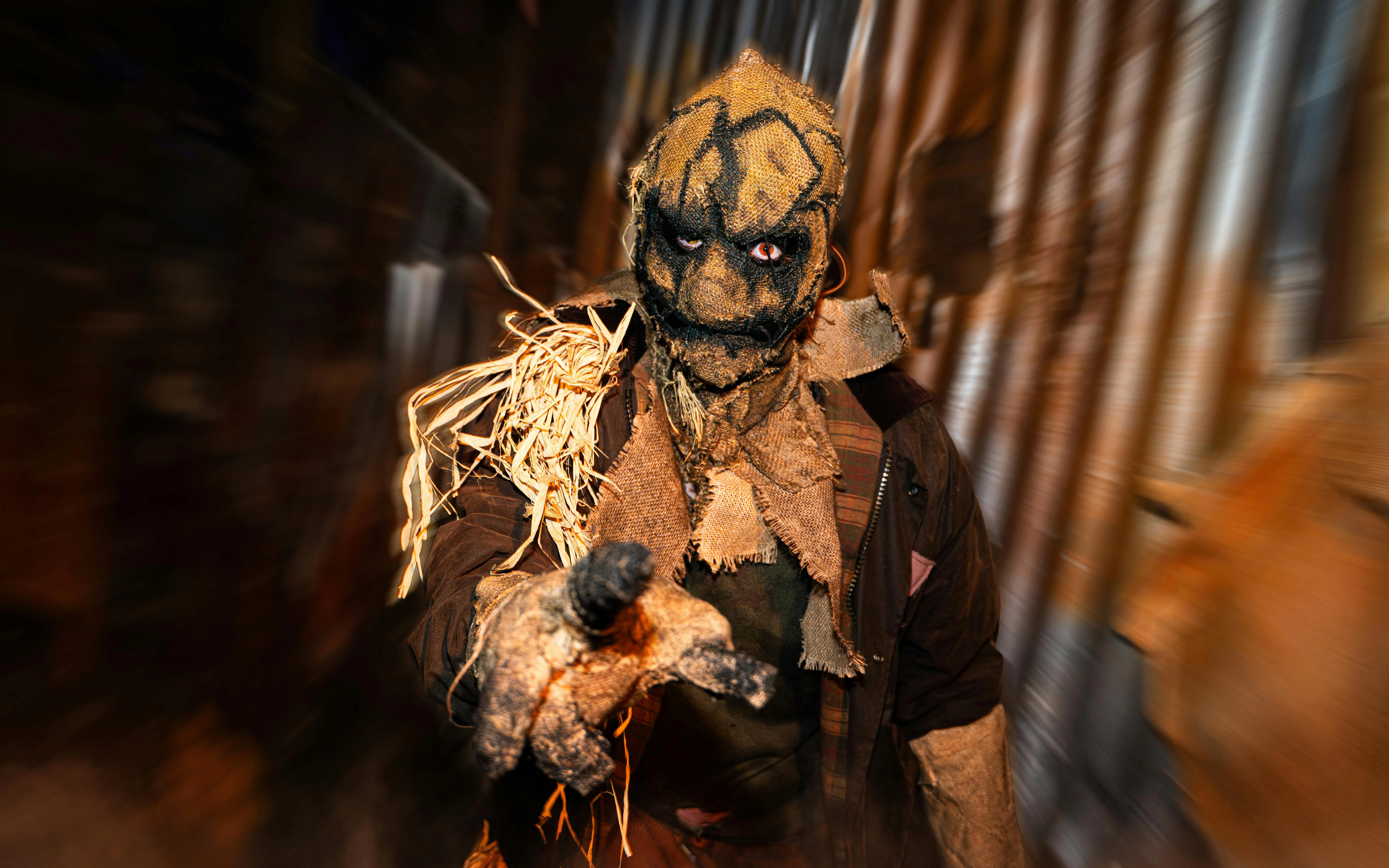 Scarecrow character at Thorpe Park Fright Nights attraction.