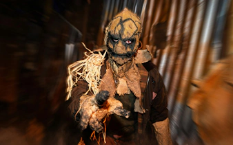 Scarecrow character at Thorpe Park Fright Nights attraction.