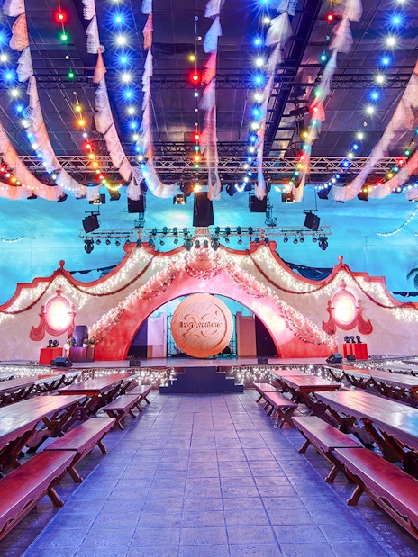 Colorful lights and festive decor at PortAventura Park's nighttime event venue.