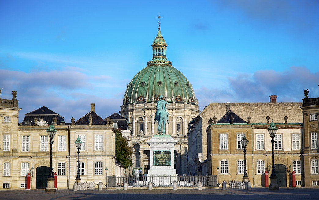 Frederik's Church and equestrian statue at Amalienborg Square, Copenhagen.