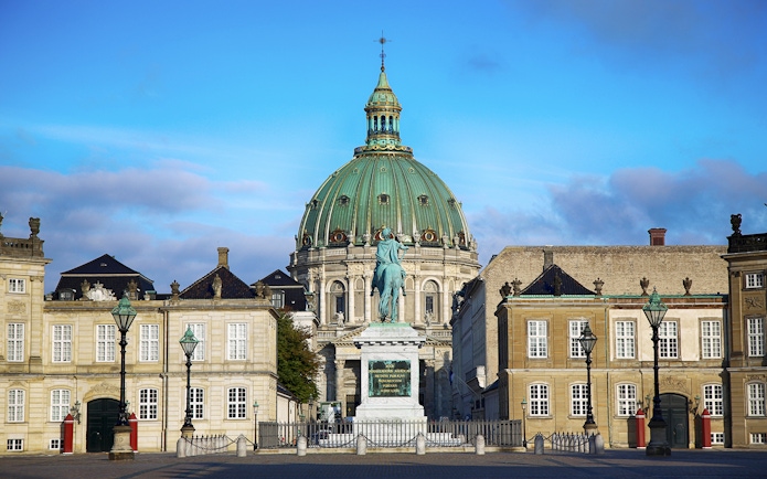 Frederik's Church and equestrian statue at Amalienborg Square, Copenhagen.