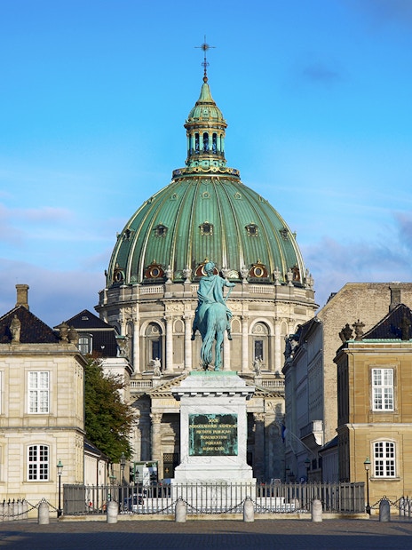 Frederik's Church and equestrian statue at Amalienborg Square, Copenhagen.
