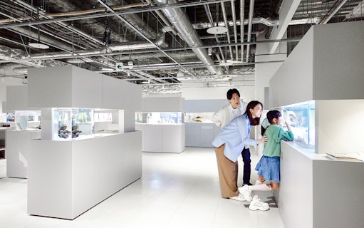 Tourists observing marine life at AOAO SAPPORO aquarium exhibit.