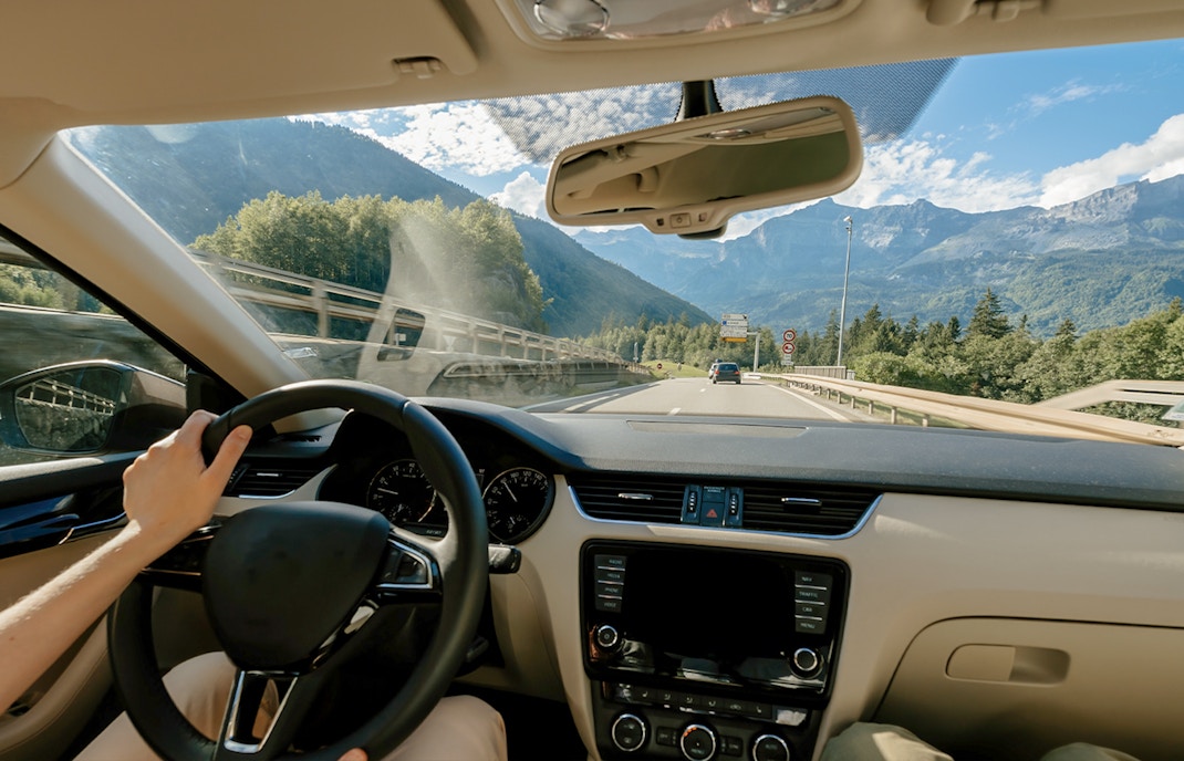 Driving through scenic mountains