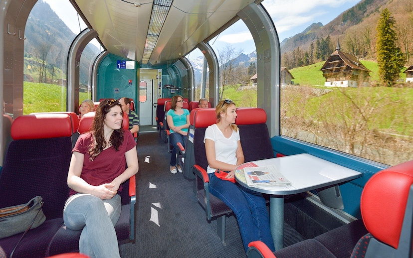 Train passengers enjoying scenic Swiss countryside views with Swiss Half Fare Card.