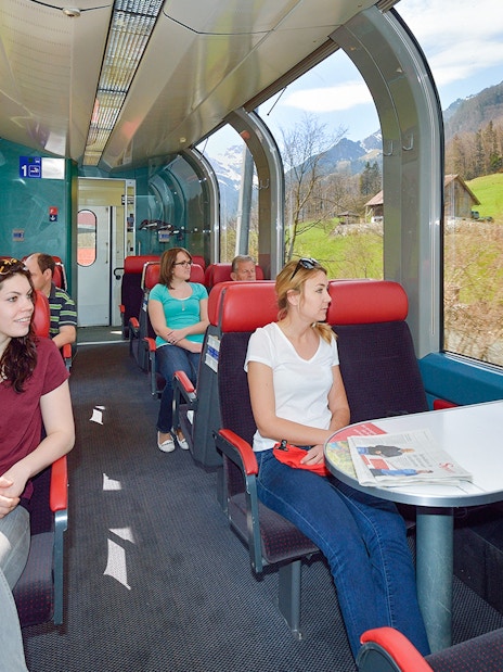 Train passengers enjoying scenic Swiss countryside views with Swiss Half Fare Card.
