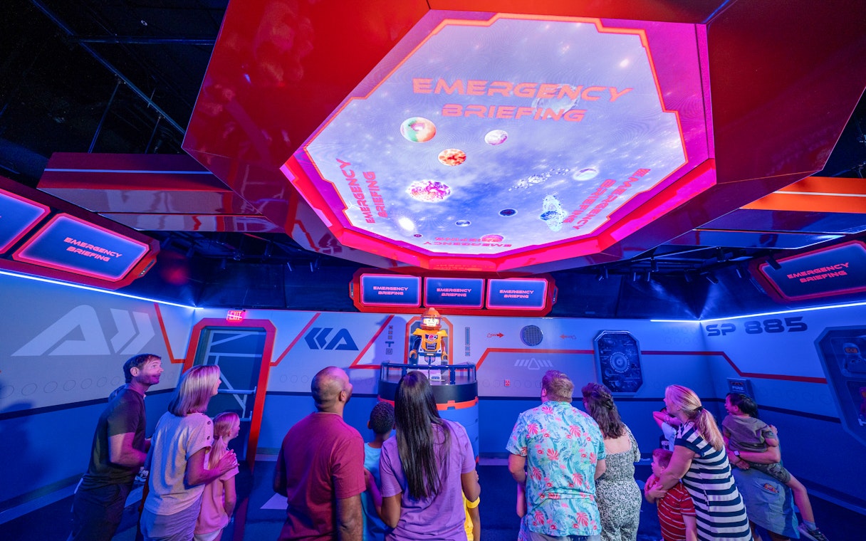 Visitors at LEGOLAND California Resort's Galacticoaster during an emergency briefing simulation.