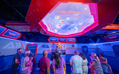 Visitors at LEGOLAND California Resort's Galacticoaster during an emergency briefing simulation.