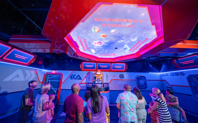 Visitors at LEGOLAND California Resort's Galacticoaster during an emergency briefing simulation.