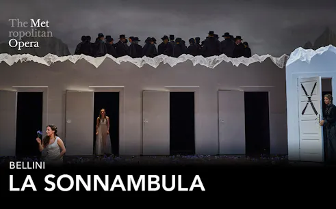 La Sonnambula opera scene at the Metropolitan Opera with performers on stage.