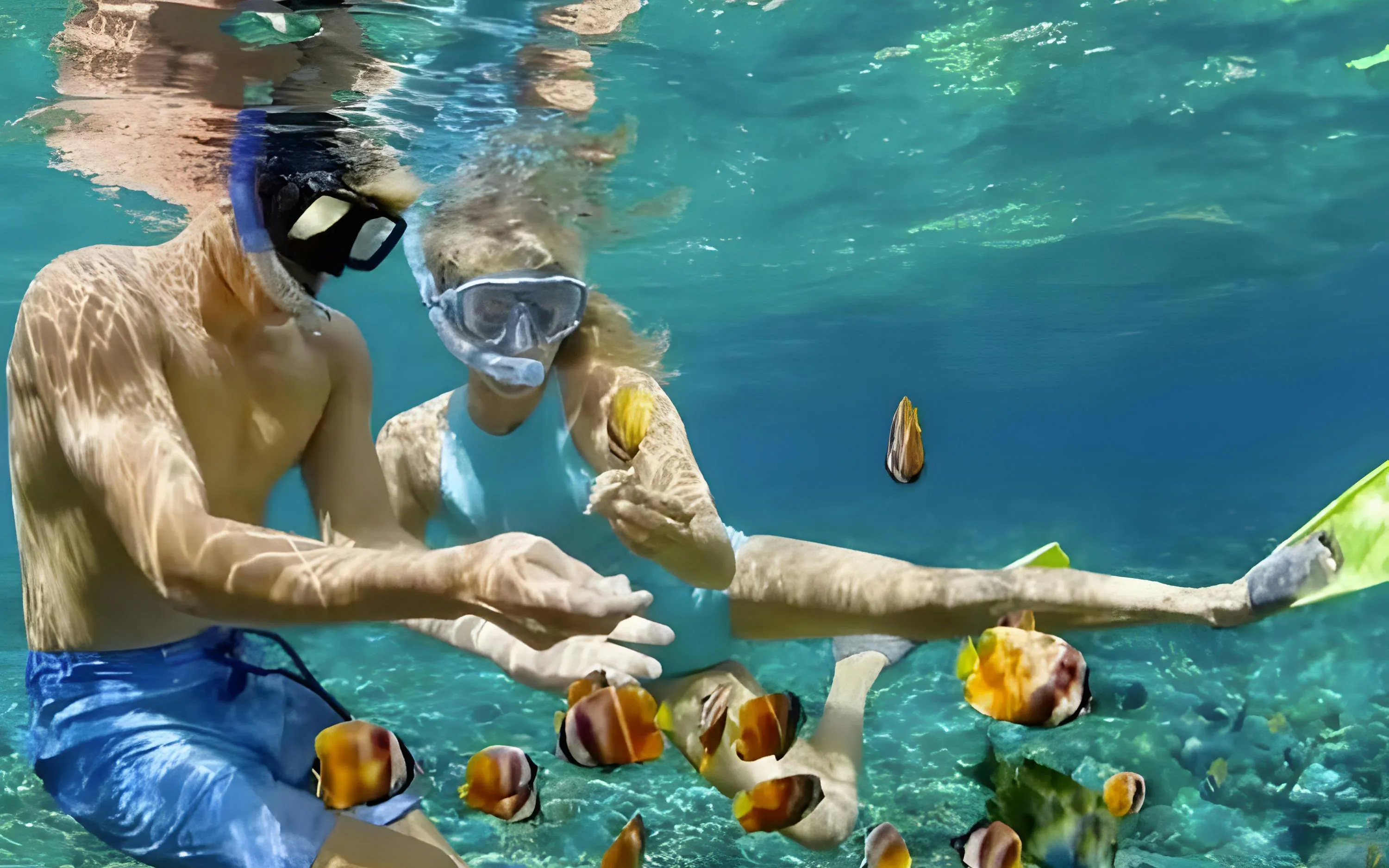 Snorkelers exploring vibrant fish in clear waters of Rosario Island, Cartagena, Colombia.