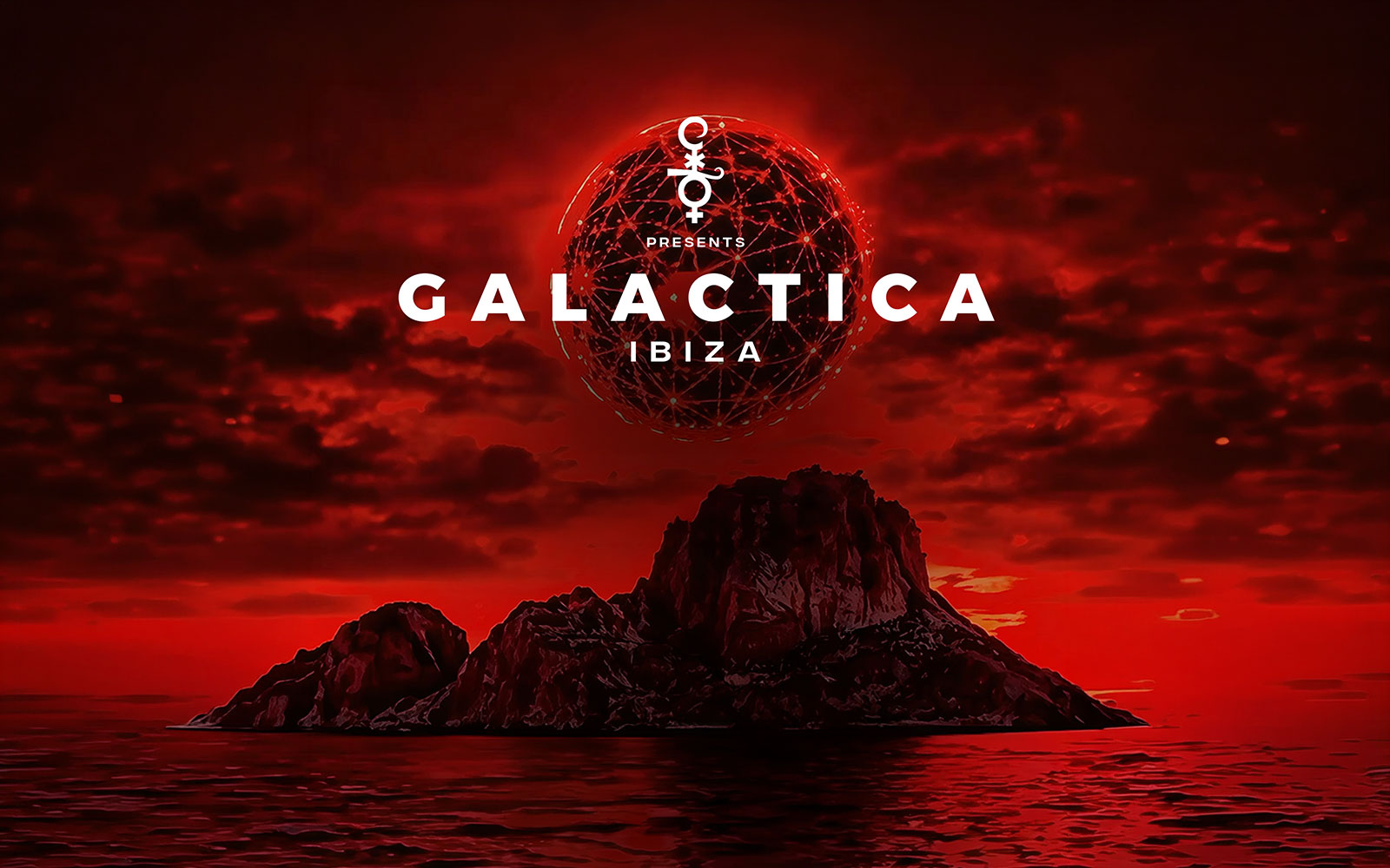 Galactica party poster with red sky and island, Eden Ibiza event.