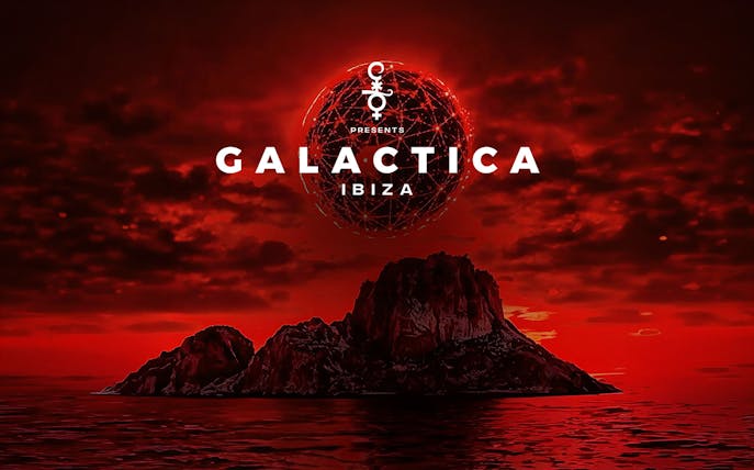 Galactica party poster with red sky and island, Eden Ibiza event.