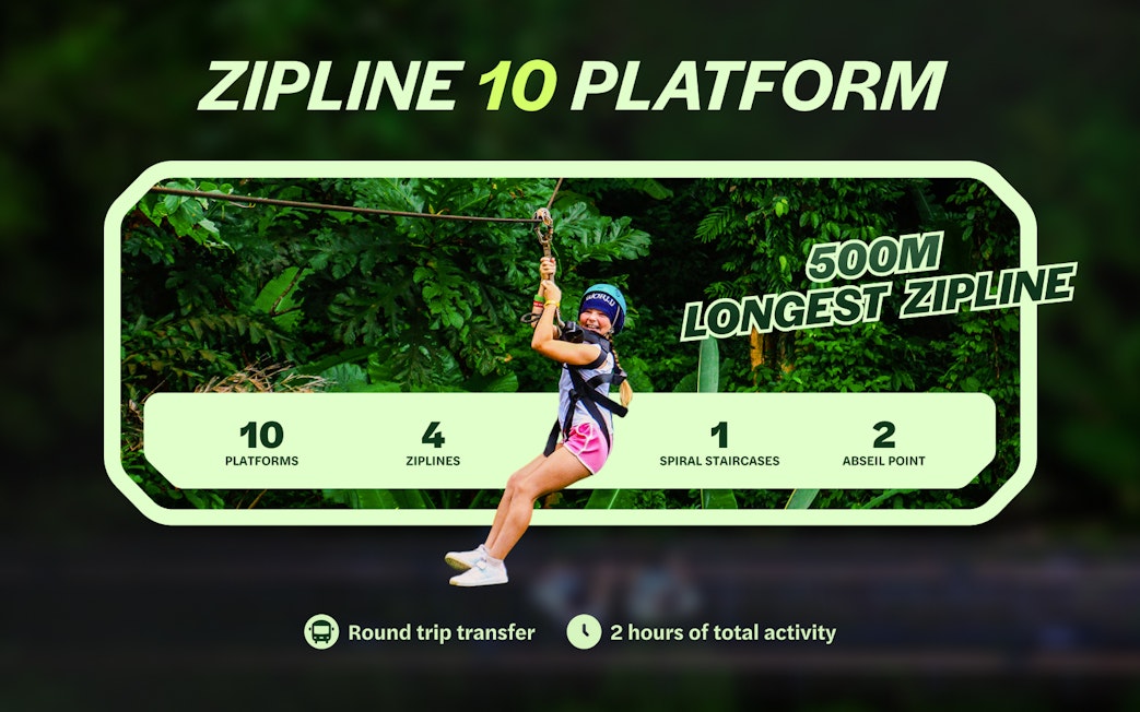 Ziplining at Hanuman World, Phuket with 10 platforms and 500m longest zipline.