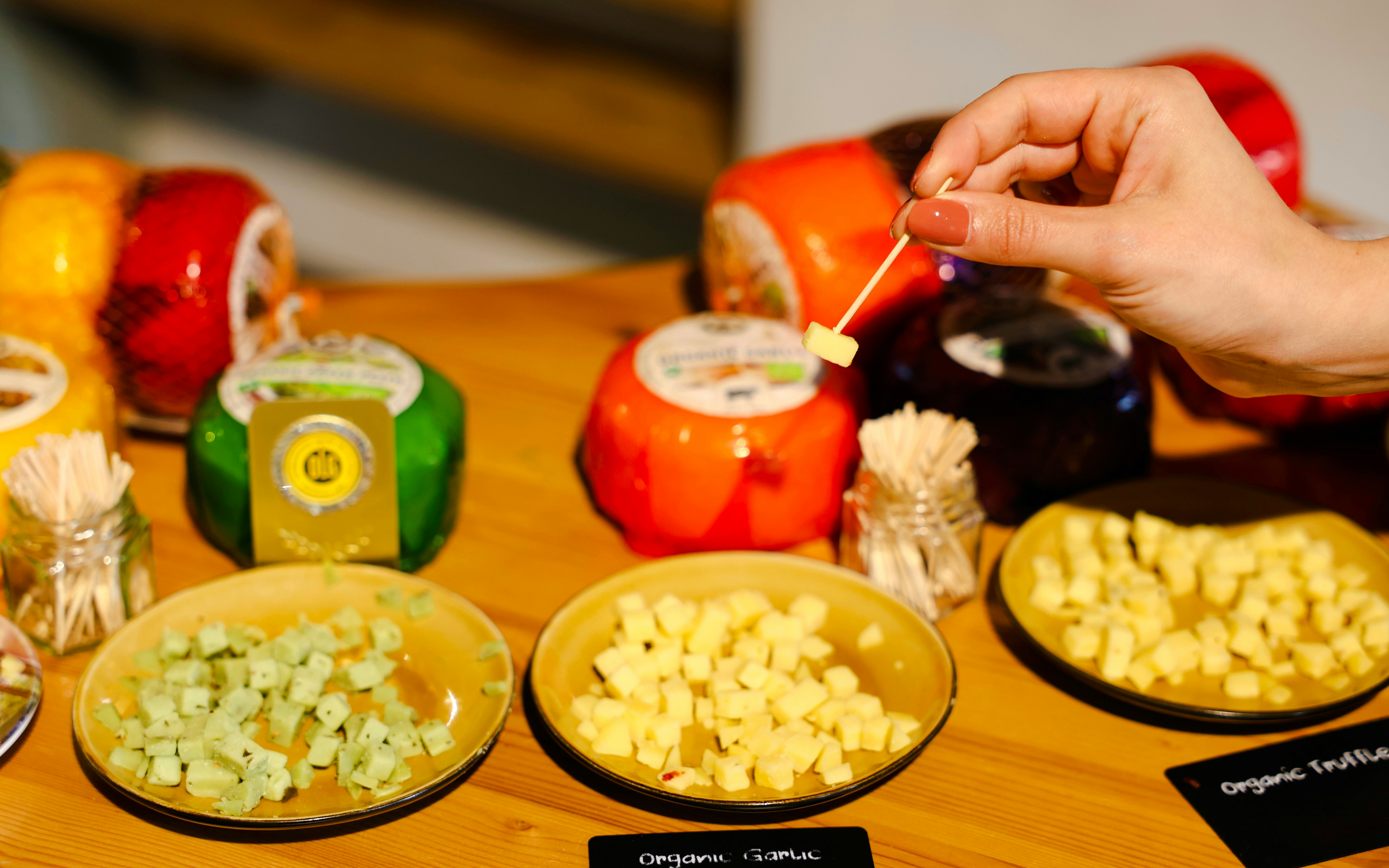 Cheese samples at Henri Willig Cheese Farm tasting event.