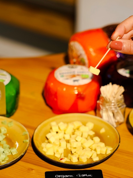 Cheese samples at Henri Willig Cheese Farm tasting event.