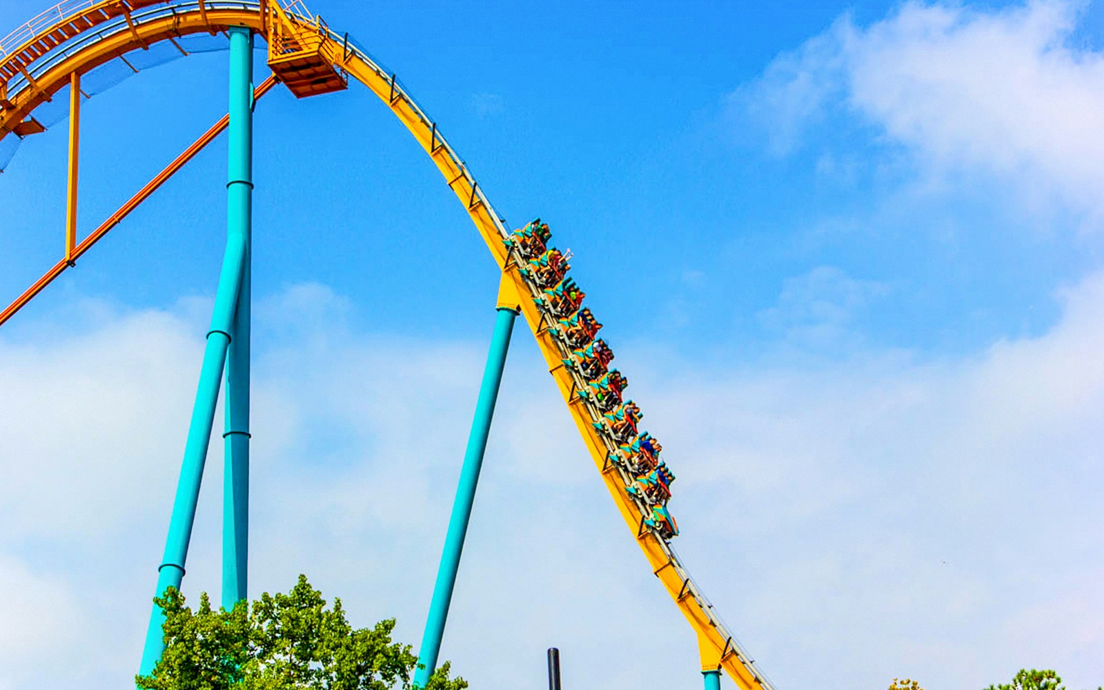 Roller coaster descending at Six Flags Over Georgia.