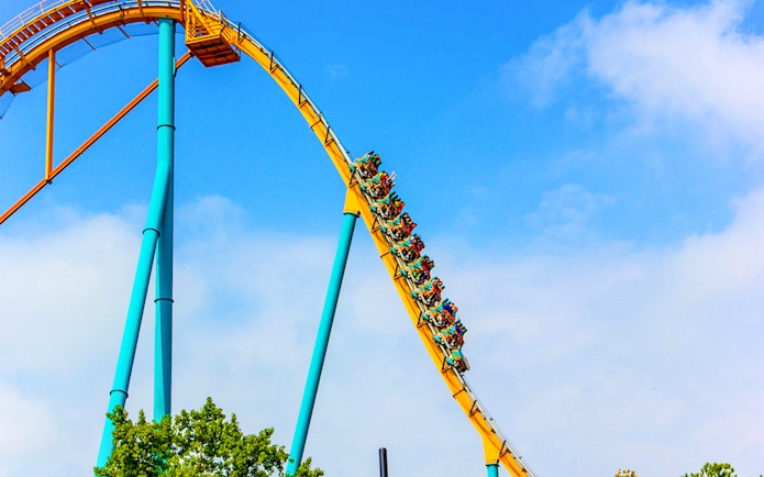 Roller coaster descending at Six Flags Over Georgia.