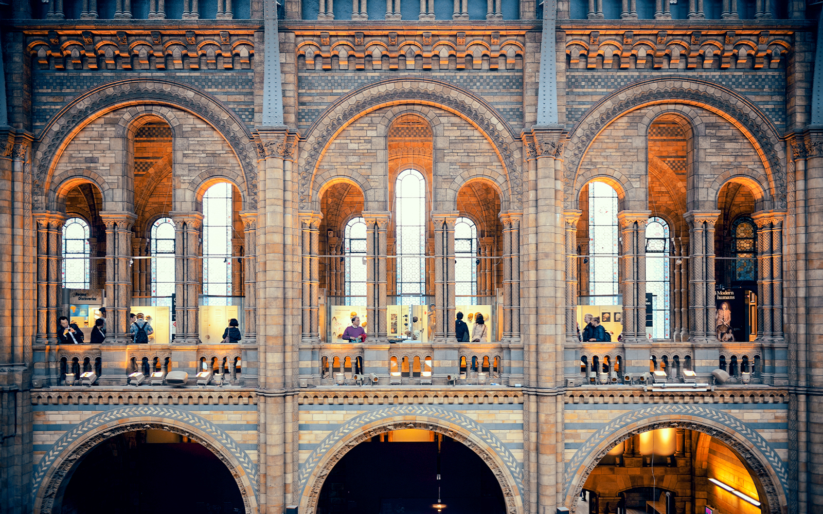 Visitors exploring dinosaur exhibit at Natural History Museum, London.