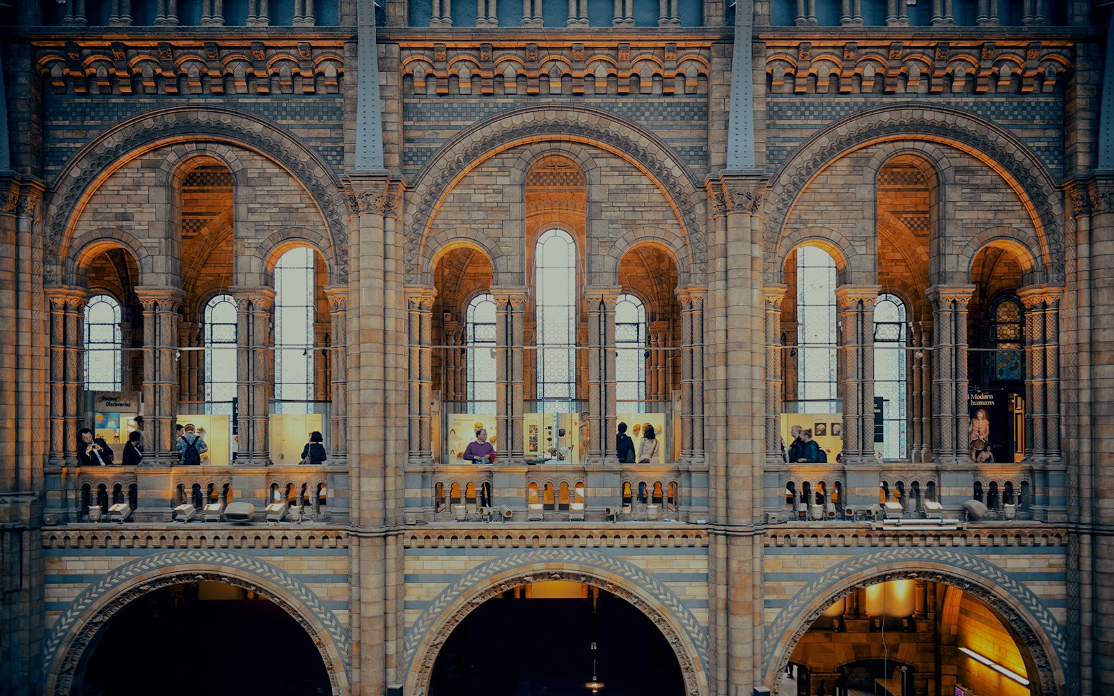 Visitors exploring dinosaur exhibit at Natural History Museum, London.