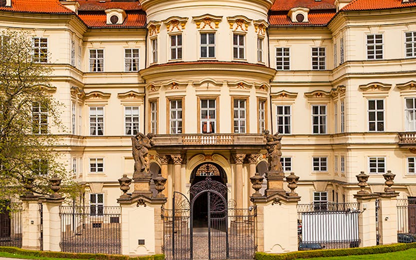 Lobkowicz Palace entrance with ornate garden, Prague, Czech Republic.