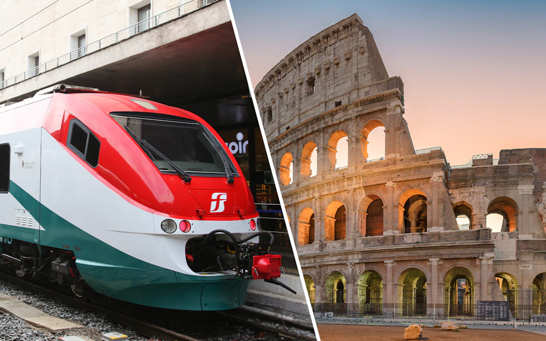 Leonardo Express train and Rome's Colosseum at sunset.