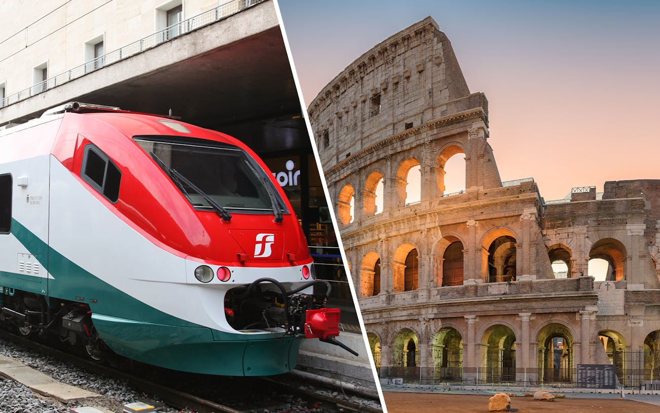 Leonardo Express train and Rome's Colosseum at sunset.