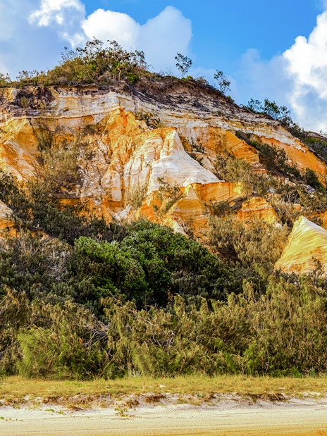 The Pinnacles' colorful sand cliffs on Fraser Island, K'gari, with lush vegetation.