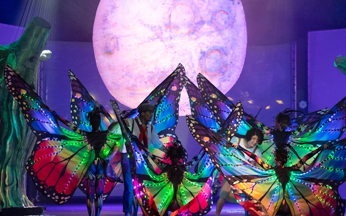 Performers in colorful butterfly costumes at Terra Mitica Benidorm show.