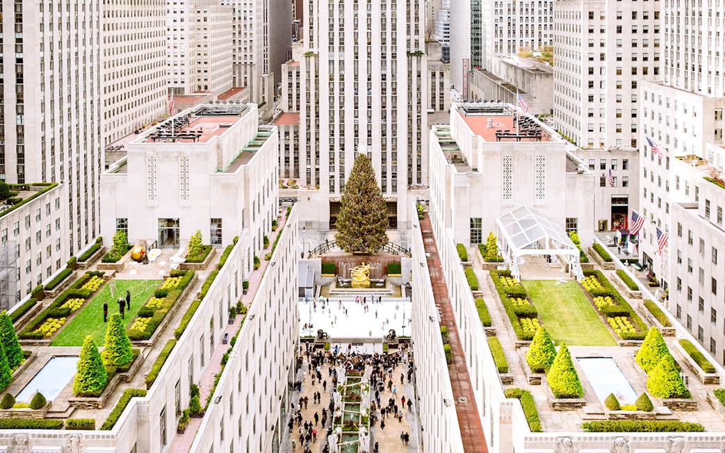 Rockefeller Center with holiday tree and ice rink, New York City, viewed from above.