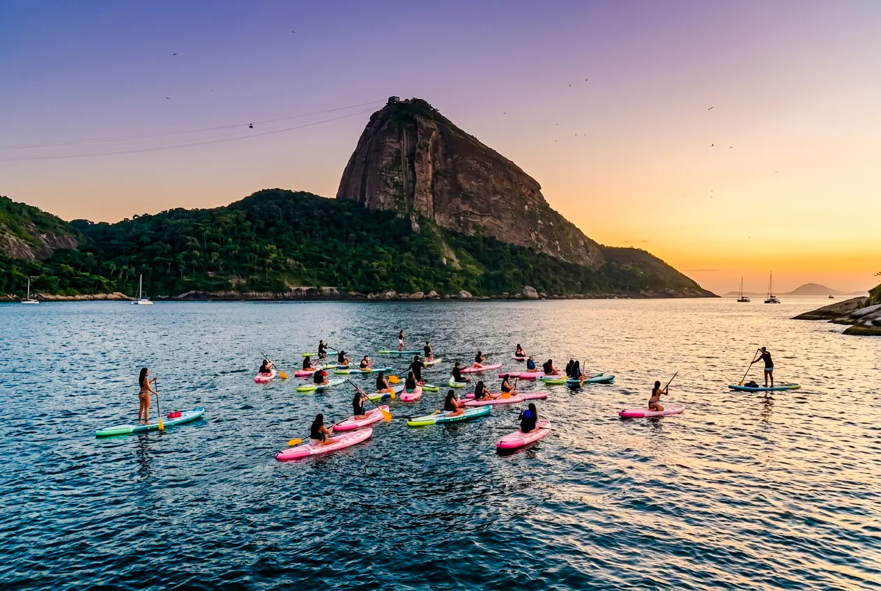 Group paddleboarding at sunrise near Sugarloaf Mountain, Rio de Janeiro.