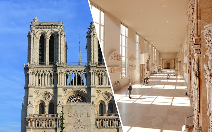 Notre-Dame de Paris facade and interior exhibition with crypt entry.