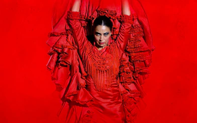 Flamenco dancer performing at Teatro Flamenco Madrid in a vibrant red dress.