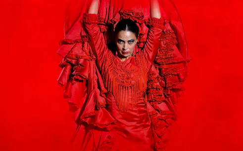 Flamenco dancer performing at Teatro Flamenco Madrid in a vibrant red dress.