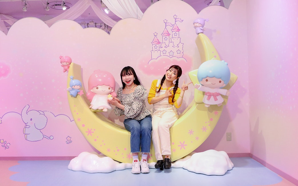 Visitors enjoying Sanrio Puroland's Little Twin Stars display in Tokyo.