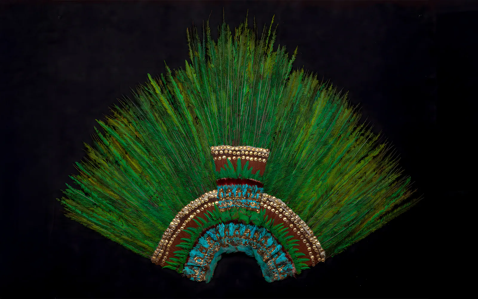 Aztec feather headdress on display at Weltmuseum, Vienna.