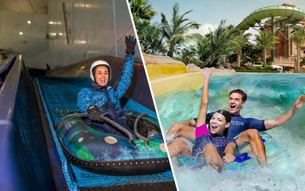 Ski Dubai snow tubing and Aquaventure Waterpark slide in Dubai.
