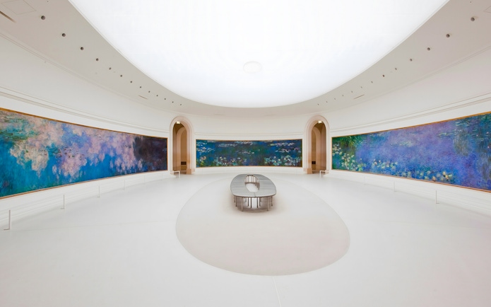 Panoramic view of Monet's Water Lilies in Orangerie Museum, Paris.