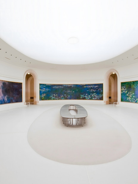 Panoramic view of Monet's Water Lilies in Orangerie Museum, Paris.