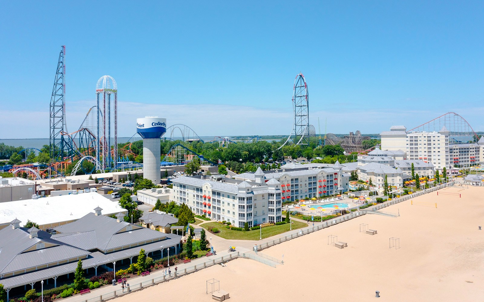 Cedar Point Beach with amusement park rides and nearby hotels in Sandusky, Ohio.