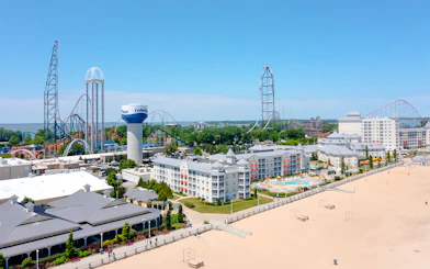 Cedar Point Beach with amusement park rides and nearby hotels in Sandusky, Ohio.