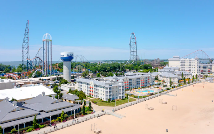 Cedar Point Beach with amusement park rides and nearby hotels in Sandusky, Ohio.